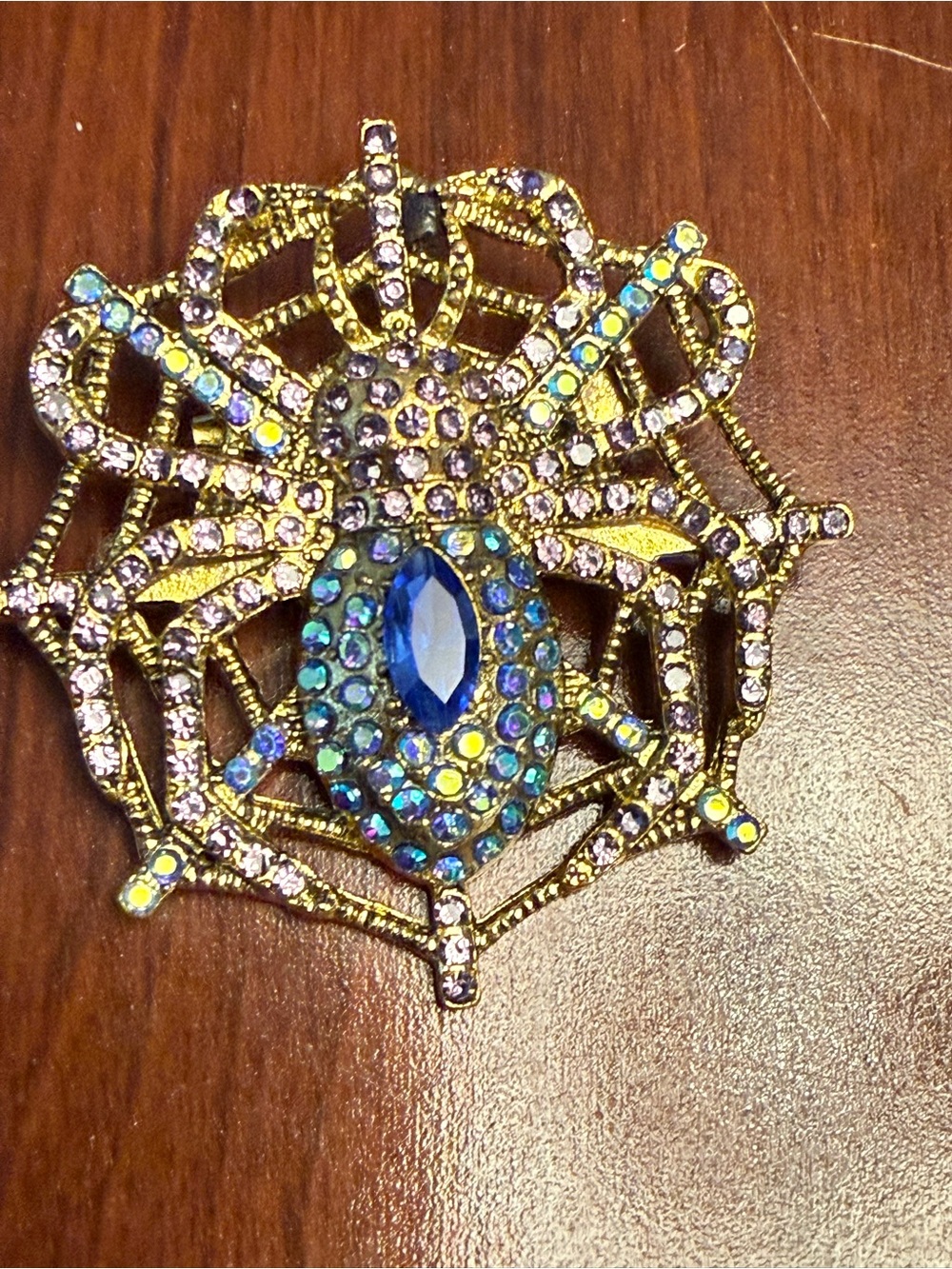 Gold-Tone Blue Crystal Spider Web Brooch - Elegant Statement Pin